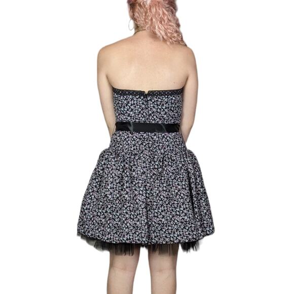 Jessica McClintock Strapless Floral Print Drop Waist Semi Formal Dress Black - Picture 3 of 10